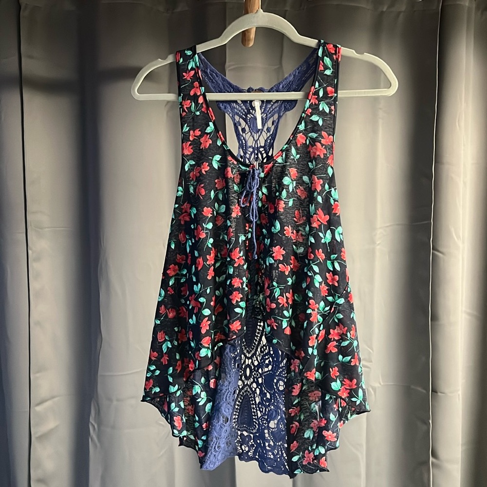 Red Floral Blue Crochet Free People Tank Top